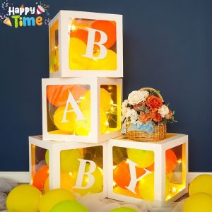 Happy Time Transparent Balloon Box With Letters Birthday Valentines Wedding Christmas Party Decoration Reusable Favors Clear Blocks For Boy Girl Gift Idea Baby Shower Big Size Number Stand Box Christening Anniversary Stand Lettering Name Backdrop