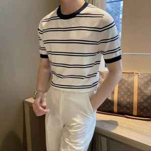 Summer Short Sleeve Black and White Striped Mens Crew Neck Knit Shirt Korean Style Fresh Slim Fit Casual Versatile Stretch Ice Silk t T-shirt