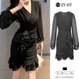 ZYHT EraVogue Đầm Váy nữ váy đen váy dài tay váy cổ chữ V váy voan váy xã hội cao cấp váy cổ điển váy sự kiện váy dự tiệc váy Pháp 9701