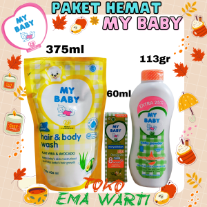 My Baby Minyak Telon 150ml+Hair & body wash 375ml+ My Baby Powder 113gr | Paket Hemat Perawatan Kulit Bayi My Baby