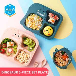 Aoli 6pcs/Set Baby Cartoon Dinosaur Tableware Childrens Dinnerware Set Home Anti-hot Wheat Straw Training Plate Kids Feeding Dishes

