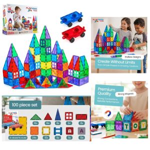 Playmags 100 Piece Set of Magnetic Tiles - Now with Stronger Magnets SturdySuper Durable with Vivid Clear Color Tile to Enhance Creativity