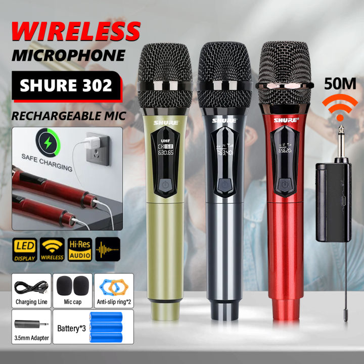 mic karaoke tanpa kabel SHUER 302 MIC2 MIC1 UHF Mikrofon Karaoke Genggam LED Digital Ganda