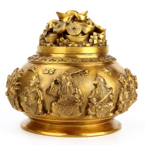 Brass Five Roads God of Wealth Treasure Bowl Feng Shui Wealth God Money Pot Home Office Wealth Attracting Decor