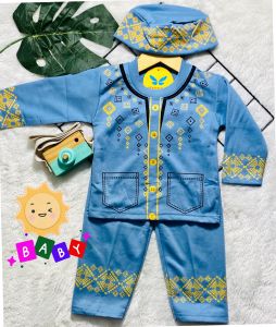 Setelan Pakaian Muslim Motif islami Warna / Set Koko Anak Bayi Free Peci Usia 3 Bulan s/d 3 tahun Max BB10 kg Baju Biru