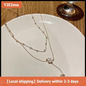 【Local shipping】 Double layered tassel pearl necklace for female niche design camellia collarbone chain light luxury high-end feel temperament neck chain