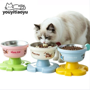YOUYITIAOYU Elevated Stainless Pet Food Bowl Cat Bowls Cat Feeder Neck Protecting Anti Slip Mangkuk Kucing不锈钢猫碗