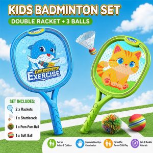 Kids Badminton Racket Set with Shuttlecock Pom-Pom Ball and Soft Ball Fun Indoor Outdoor Game Toys