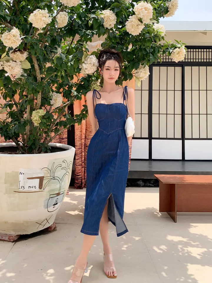 Women MIDI dress sleeveless off shoulder backless high waist cami strap plain denim Jean skirt blue evening dinner party club outdoor dating Korean style slim split flowing skirt plus size Galaz