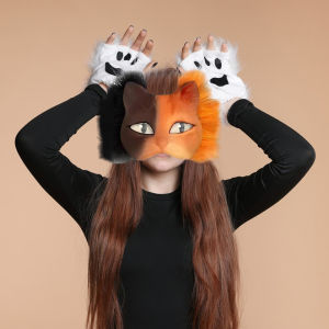 Blank Cat Mask with Felt Fabric Sheet Plush Faux Fur Eye Mesh Cat Face Mask Blank Animal Dress Up Mask for Therian Gear Stuff