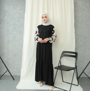 GAMIS WANITA HITAM SHABRINA FLOWER BLACK - HOMEY DRESS DEWASA BAHAN KATUN RAYON PREMIUM