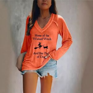 Wind Halloween Witch Print Long Sleeve T Womens T-shirt V Loose-fitting retro-style casual top