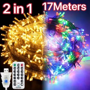 Christmas Light Strip Lights LED Star String Lights With Remote Control Fairy Lights 17Meters 11 Modes 100LED Bulbs USB Powered Outdoor Indoor Waterproof Warm Light Multicolor Cchanging Curtain String Lights Wedding Birthday Party Garden Eaves Camping