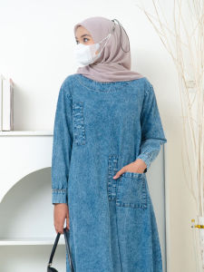 Gamis Jeans Maxy -  Dress Light Snow -  Baju Gamis Polos - Material Jeans Snow Wash - Busana Muslim Wanita Dewasa