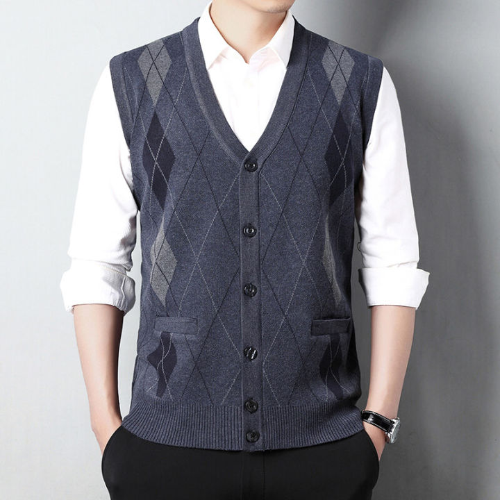 4 Colour 】New Men's V-neck Knitted Vest Business Plaid Pattern Sweater Vest  for Men