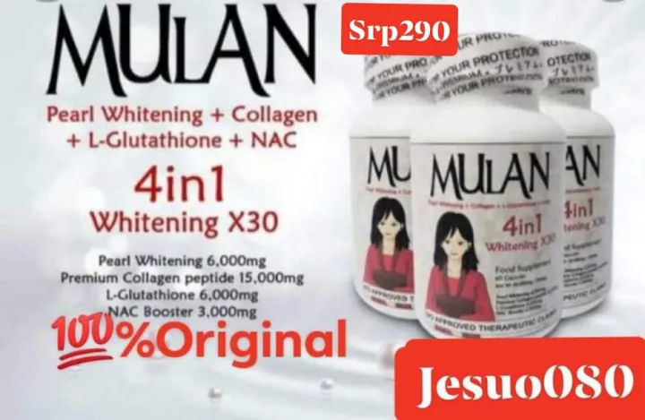 mulan glutathione Authentic 4in1 Whitening x30 Pearl Whitening + Collagen + L- + NAC 60 Capsules / 500 MULAN - Japan Formula -
