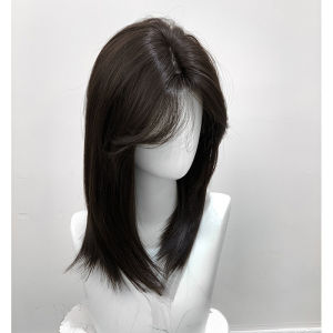 Wig dark tea female short hair medium layered collarbone hair daily fashion whole head cover