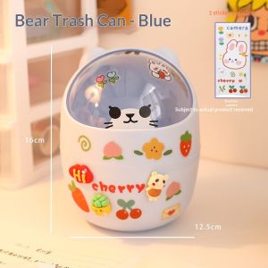 QIHUISHI Thùng rác để bàn hình gấu dễ thương có nắp mở bằng nhấn thùng đựng đồ mini cho văn phòng và bàn học sinh đi kèm hình dán trang trí