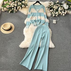 SET7339 Biggy Stripes Cardigan Pants Knit Set