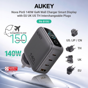 Aukey PA-B10U Nova PinS 140W GaN Wall Charger Smart Display EU UK US TH Interchangeable Plugs (24 Months Warranty)