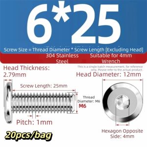 TIMES LORD 20pcs/bag Fine Beveled Edge 304 Stainless Steel Furniture Screws 304 Stainless Steel Inclined Round Head Hardware Screws M6-M8 Different Mounting Needs Good Rust Resistance Large Flat Countersunk Hex Socket Bolts Furniture Assembly