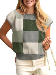 Saodimallsu  Womens Short Sleeve Sweater Top Summer Color Block Lightweight Knitted Round Neck Pullover Top for Going Out