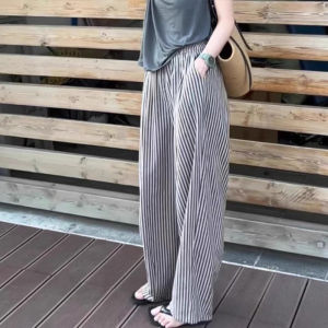 2025 Stripes thin wide leg pants womens summer new Korean version of fashion casual straight pants high waist slim pants