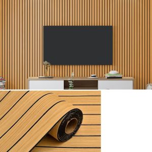 YERZ PVC Imitation Wood Wallpaper Self-Adhesive Peel and Stick Artificial Grille Wall Sticker Removable Waterproof Wall Panel Stickers for Ceiling