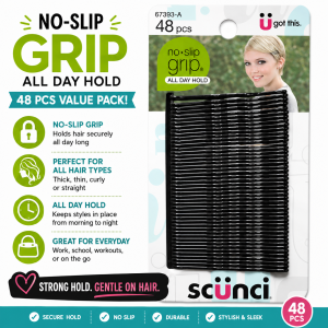 Scunci No Slip Grip Bobby Pins 48pcs Black Hair Pins All Day Hold Wavy Grip Styling Clips