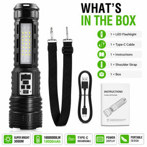 Lampu Suluh LED Zoom Digital Display Rechargeable Flashlight Type-C+USB Output Powerbank Waterproof Torch COB