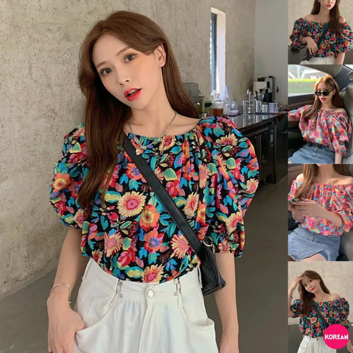 🎀Korean Fashion🎀เสื้อแขนสั้นจั๊มลายดอกไม้ 2 สี อกสม็อคชายปล่อย | Lazada ...