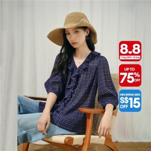 Giordano Women Plaid cotton ruffle v-neck 3/4 sleeve blouse Free Shipping 18346617