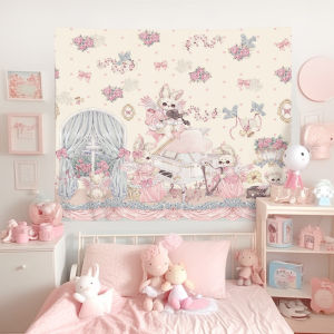 Lolita style bed hanging curtain cute heart pattern. Warm and cute Lolita wall decoration fabric.
