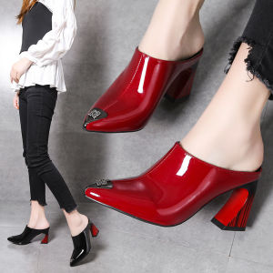 Pointed Toe 7cm Womens High Heels Mueller Shoes Leather Glossy Retro Formal Evening Shoes
