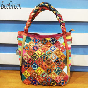 BeeGreen Women Genuine Leather Colorful Tote Bag Multicolor Flower Patchwork Handbag Large Capacity Underarm Bag Versatile Shoulder Bag