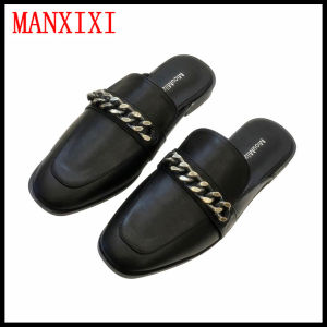 MANXIXI Women Fashion Mules Sandals Leather Beautiful Chain Inlay Flat Slippers ( Size 35-41 )