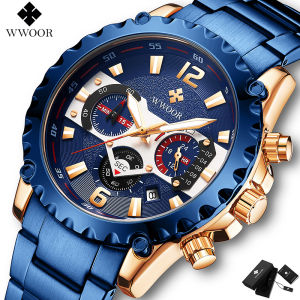 WWOOR Fashion Sports Mens Watches Luxury Military Quartz Gold Steel Waterproof Chronograph Wristwatch