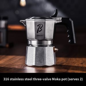 BINCOO 316 Stainless Steel Moka Pot 3 Valve Coffee Pot Home Small Brewing Espresso Maker