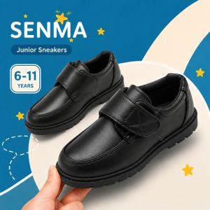 SENMA Black Shoes For Kids Boys Leather Shoes Korean Rubber Shoes Velcro Leather Shoes Size 26 To 37