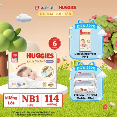 [12-17.08] Miếng lót sơ sinh Huggies Skin Perfect NB1 108+6 miếng với 2 vùng thấm giảm kích ứng da