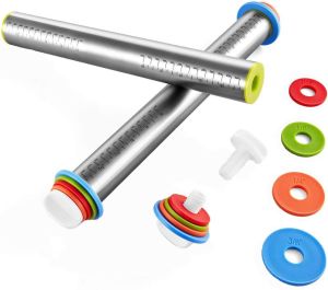 Adjustable Rolling Pin with Thickness Rings Dough Roller Stainless Steel French Style with 4 Removable Rings Guides for Baking Cookies Pastires Pasta Pizza Crust and Pie