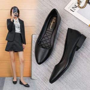 [Free Shipping] Genuine Soft Leather Pointed-Toe Chunky-Heel Flat Shoes Professional WomenS Shoes Black Work Shoes Soft-Soled Leather Shoes For Bank And Hotel Work