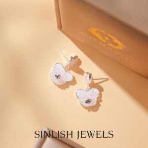 SINLISH Pink Gradient Bear Earrings Cartoon Baby Crystal Design Fashion Zirconia Jewelry for Women