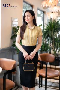 Áo sơ mi nữ cổ đức tay ngắn công sở Mcfashion kẻ sọc form ôm tôn dáng chất lụa vân mềm mại màu tím vàng mã A 729