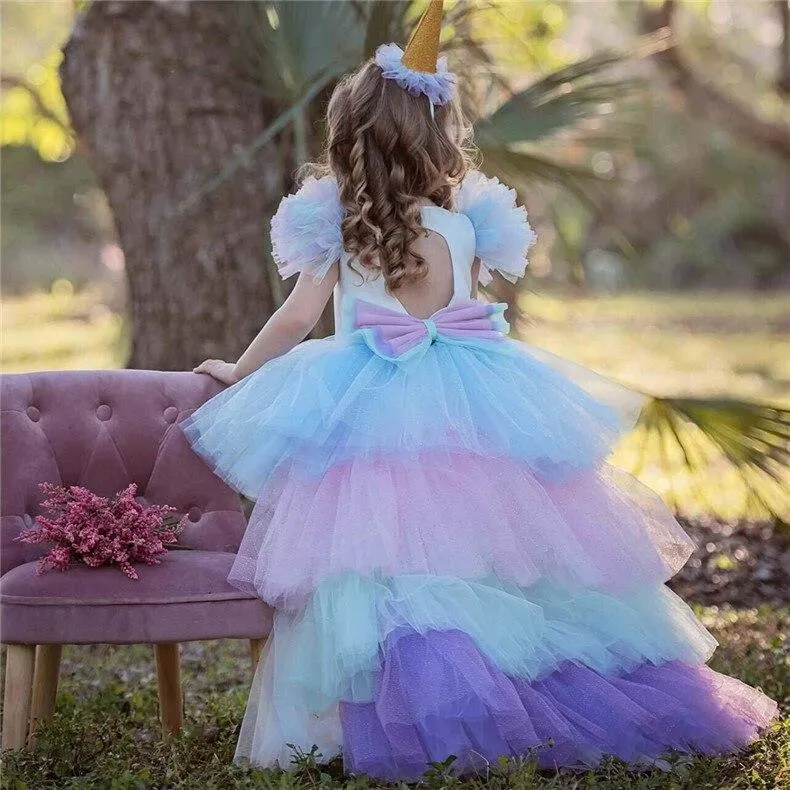 Hot Sale Girl Princess Dress Unicorn Fluffy Dress Rainbow Dress