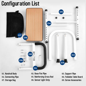 Adjustable Bedside Handrail with Tray Table and Storage Pocket Bed Assist Rail for Elderly