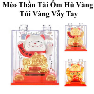 Mèo Thần Tài Ôm Hũ Vàng Túi Vàng Vẫy Tay 9X8Cm Dùng Pin Năng Lượng Mặt Trời