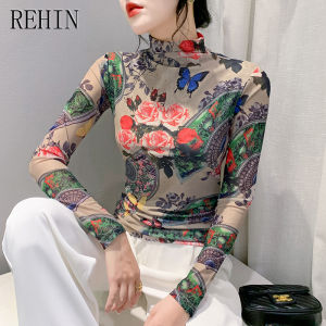 REHIN New ashionable long-sleeved T-shirt high-neck mesh floral print design elegant women blouse
