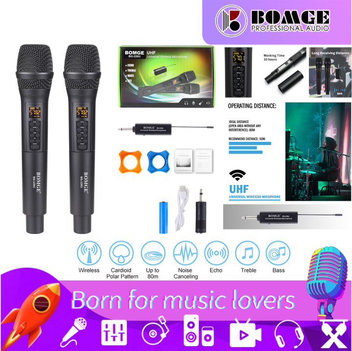 BOMGE UHF Wireless Recording Karaoke Microphone Cordless 2 Mics