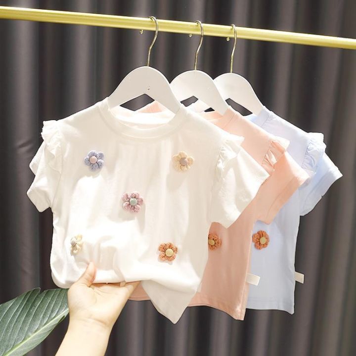 Kookai White Flower Heart T-shirt Size Women's 2 Cuffed Sleeves 3D